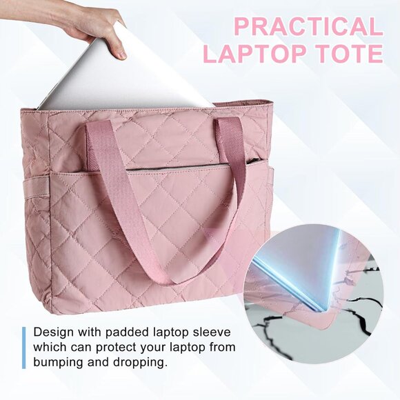 Pink Water Resistant Polyester Quilted Tote Bag for Women, Large Capacity, Puffe - Picture 5 of 7
